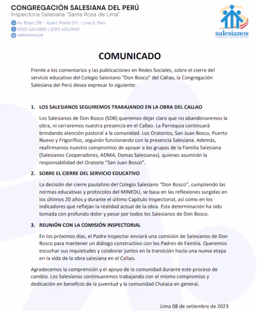 COMUNICADO DON BOSCO