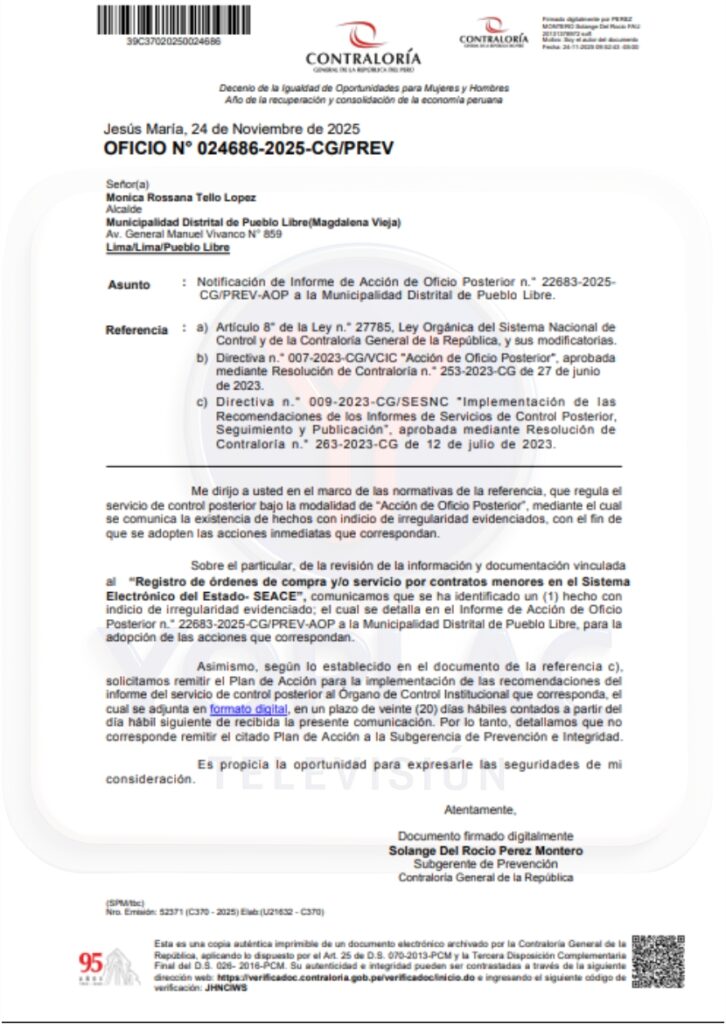 Contraloría detecta falta de transparencia en contratos de Pueblo Libre 2 Oficio COntraloria MPL 2025 02